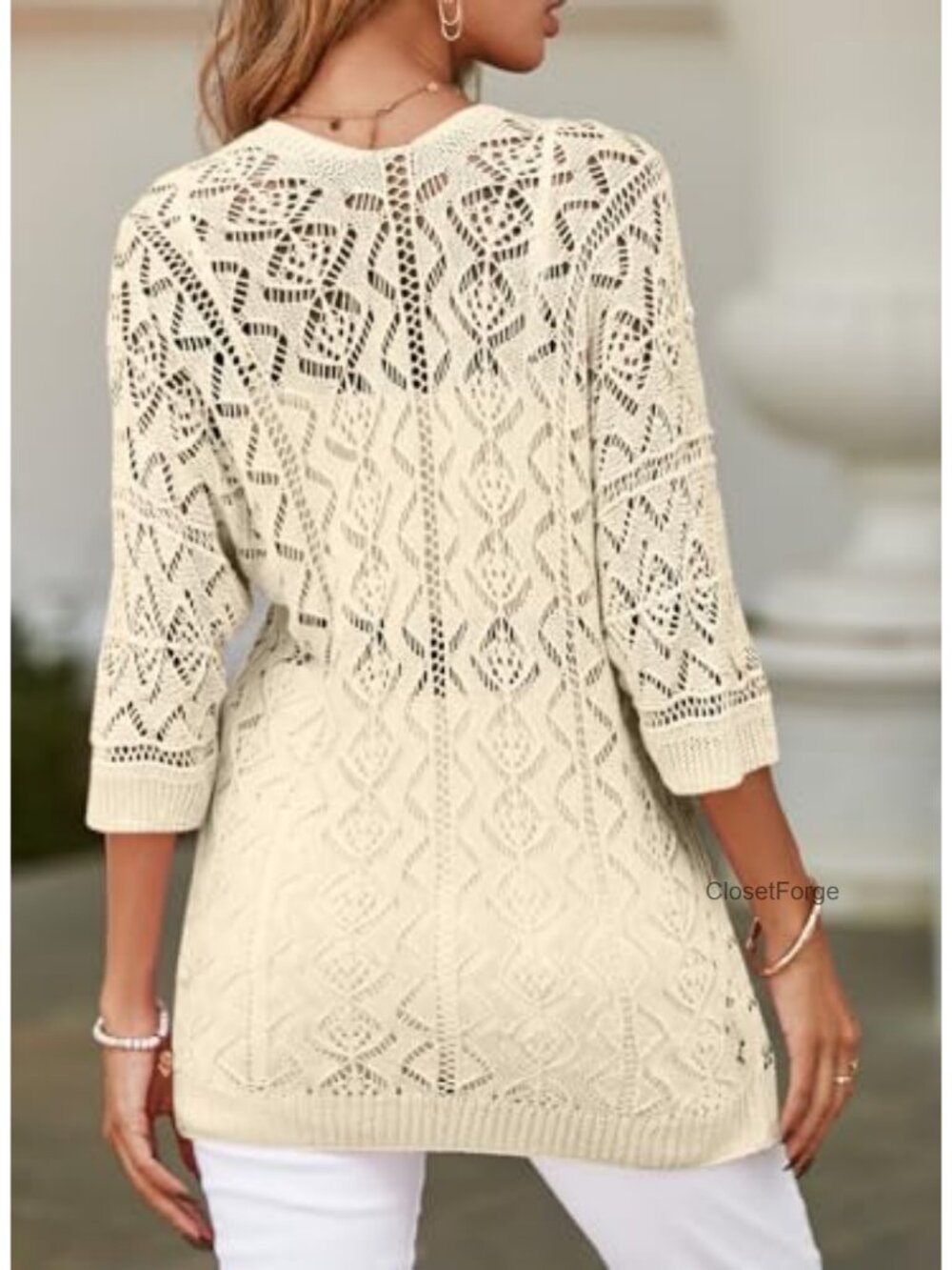 Women's Crochet Open Front Cardigan - Lightweight 3/4 Sleeve Cover Up - Picture 2 of 6